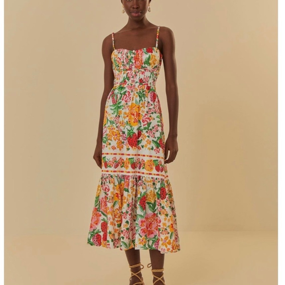 Farm Rio White Floral Strawberry Sketch Midi Dress Backless Green Pink XL